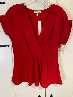 Monteau Women’s Vibrant Red, Faux Wrap, Front Tie, V-neck Top with Cap Sleeves.